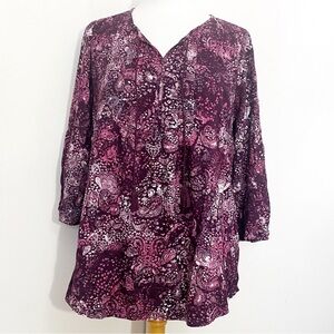 Sonoma Boho Pink And Black Floral Tucked Front Tassel Tie Knit Tunic Top XL